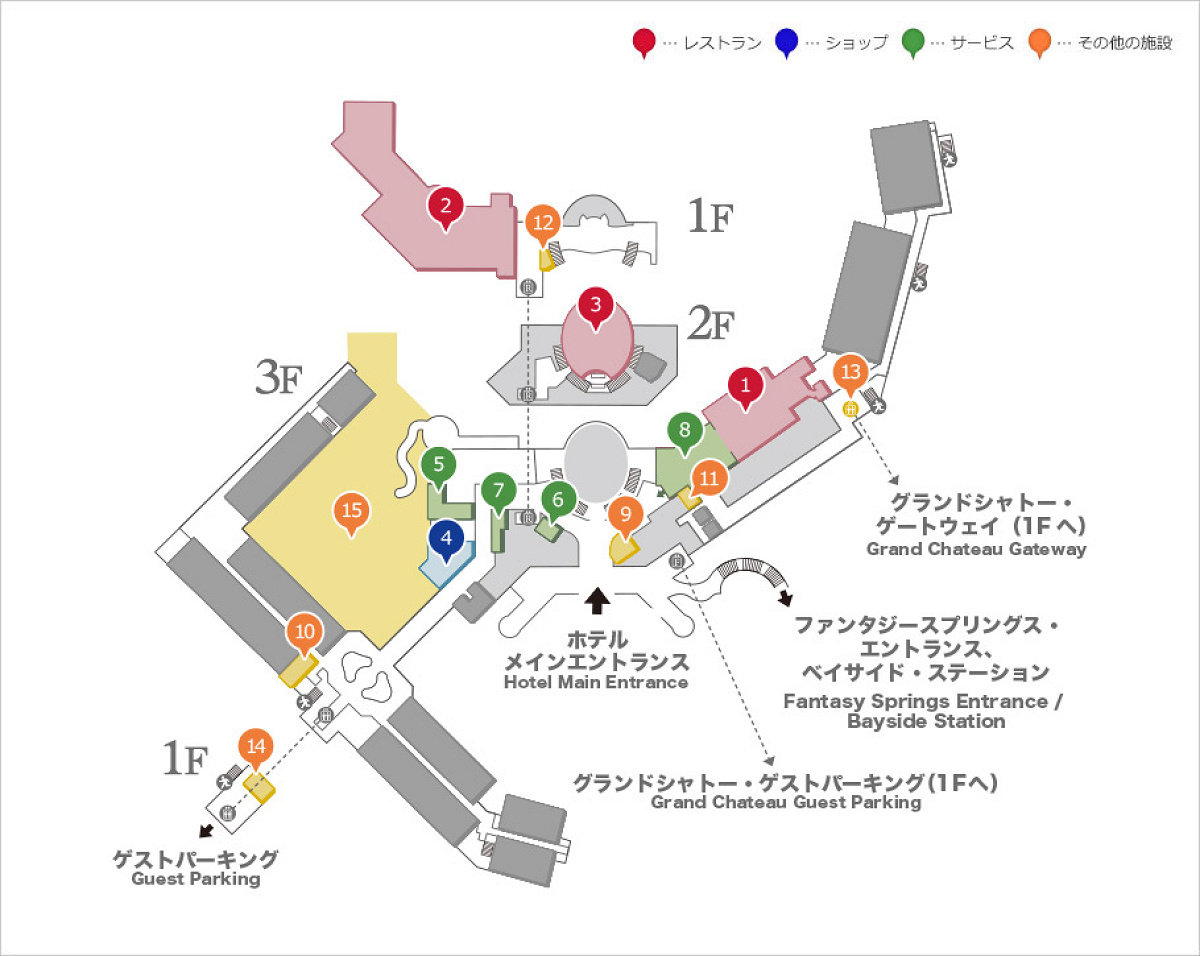 ファンタジースプリングスレストランの場所（赤の2の場所）