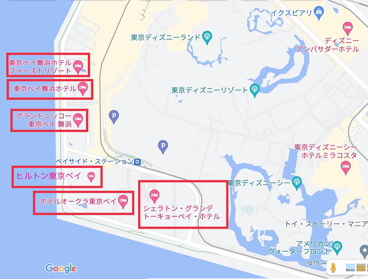 ディズニーオフィシャルホテルの場所（Google Mapより）