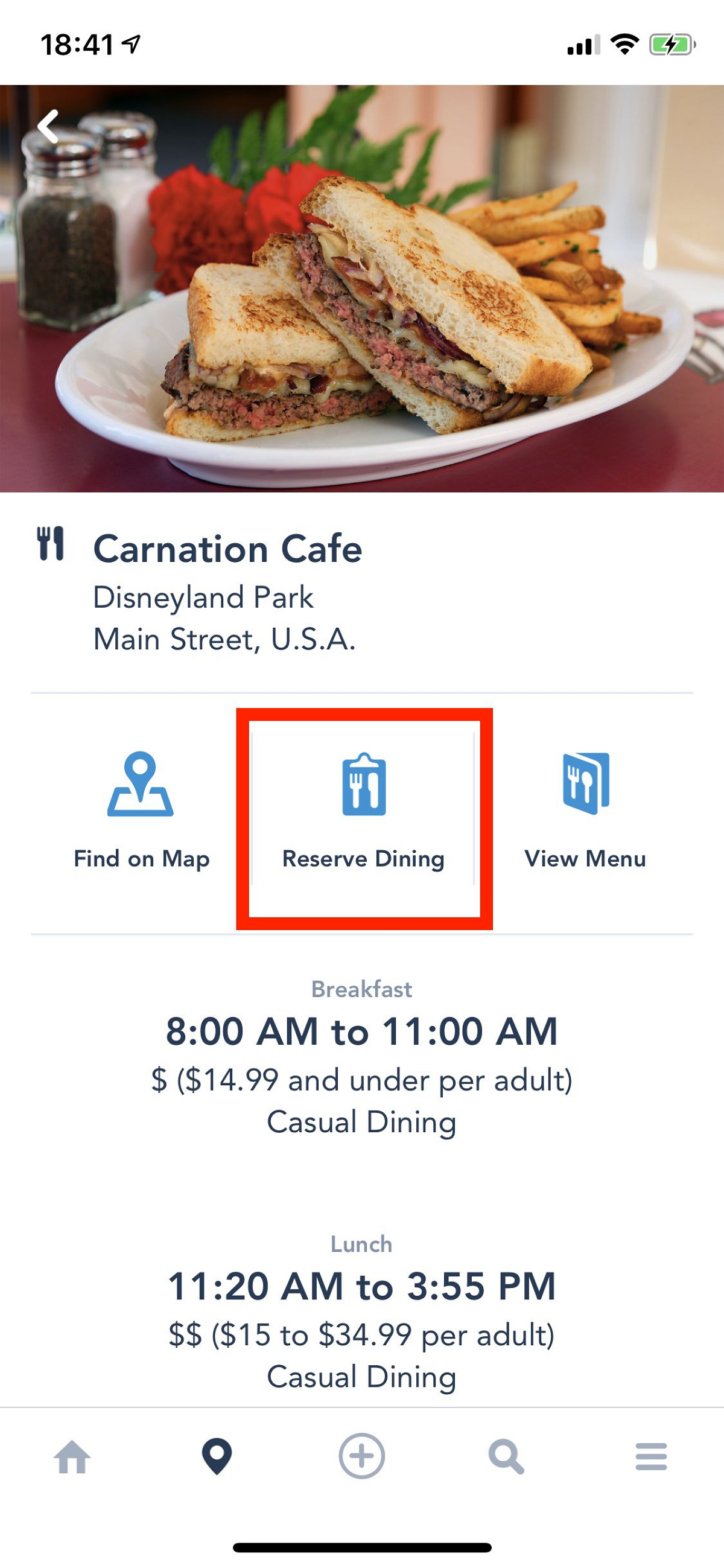 予約したいレストランの詳細ページから、「予約」の項目をタップ