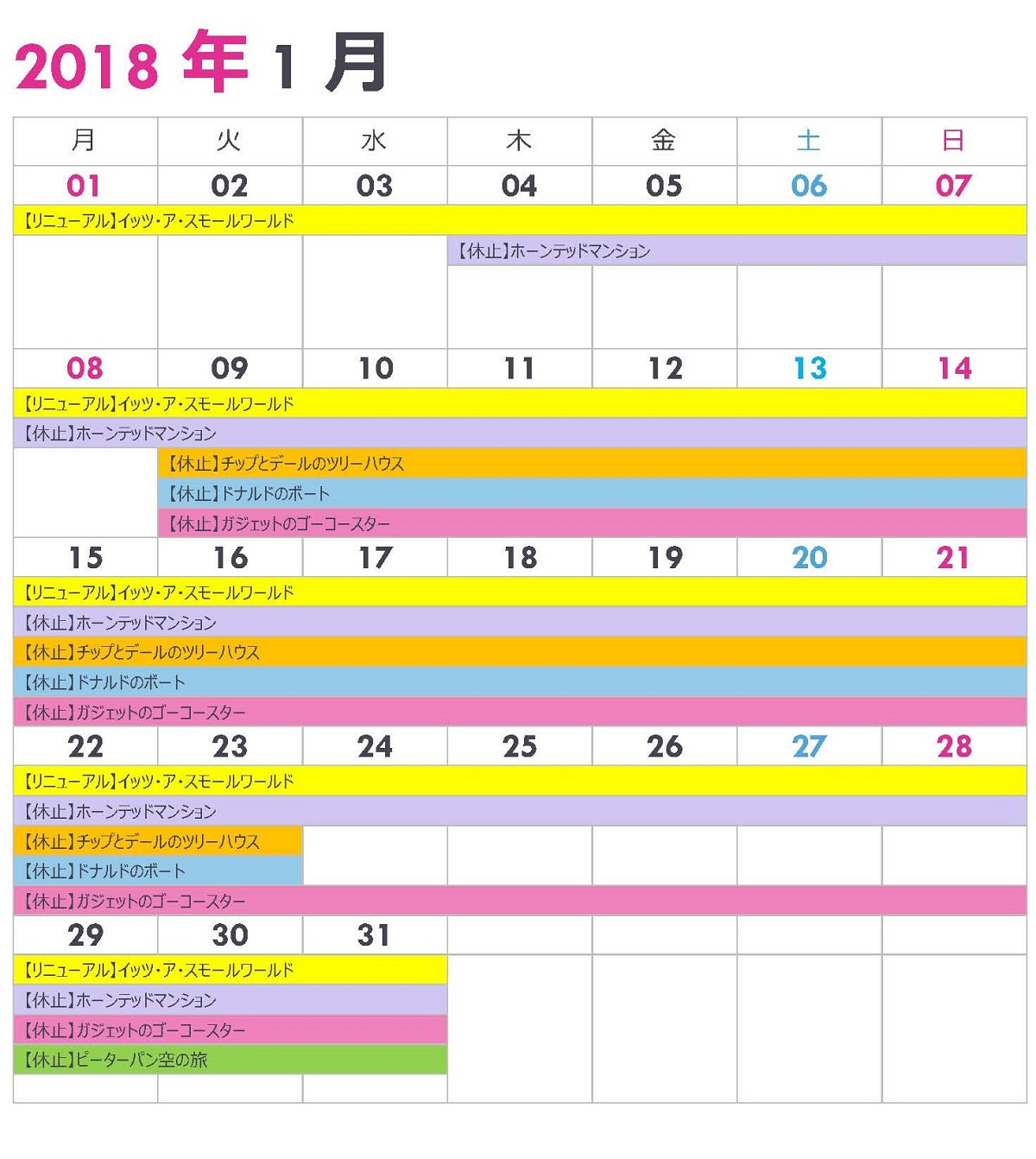 ランドの休止情報カレンダー1月