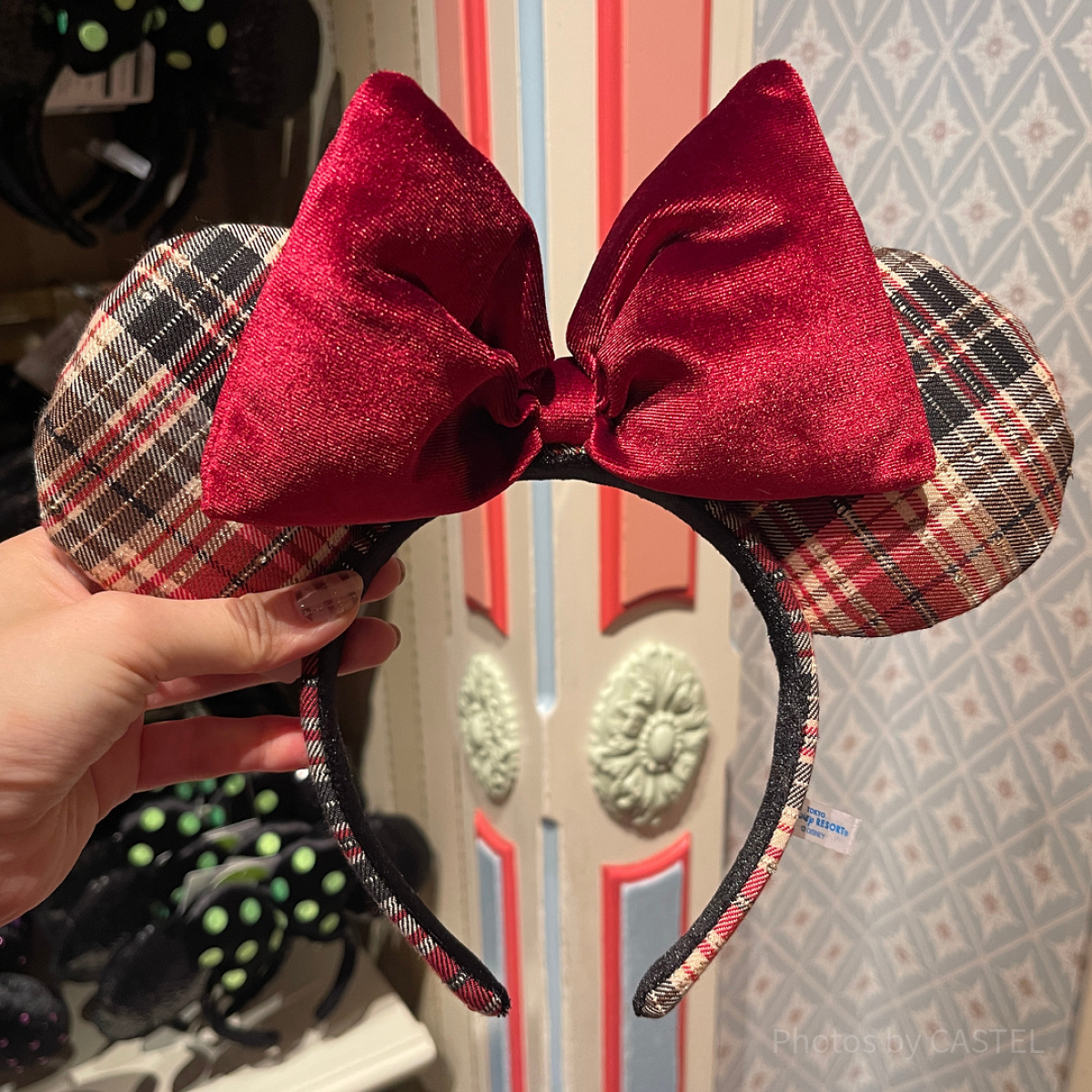 ディズニー 海外 クリスマス　ミニー カチューシャ　チェック スキー 冬 レア ミニーリボンチェック柄カチューシャ（赤）| キャステル | CASTEL