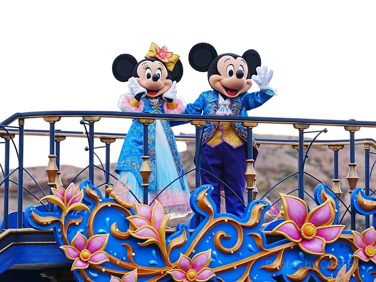 ファンタジースプリングスをイメージしたコスチュームを着たミッキーと