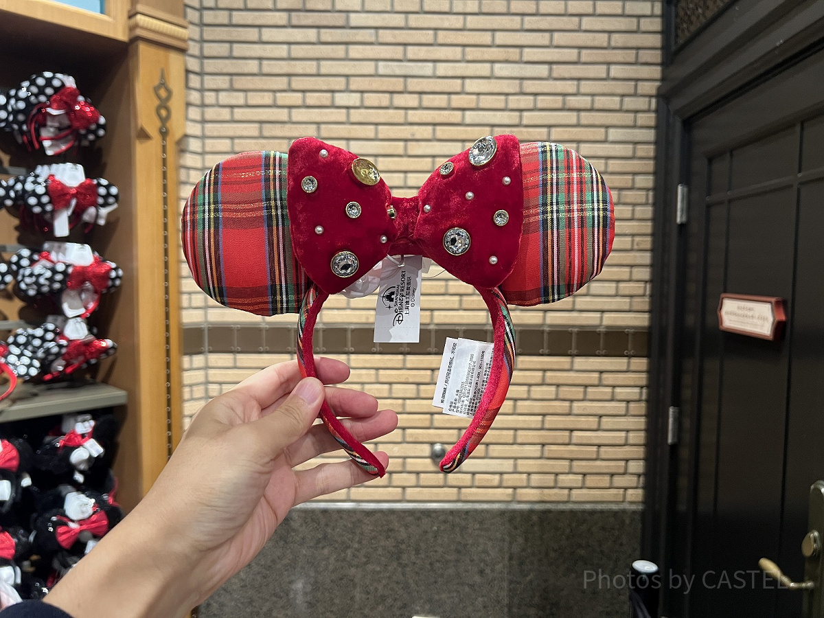 【新品、本物、当店在庫だから安心】 上海ディズニーカチューシャ：赤チェック柄ビジューリボンミニー カチューシャ・被り物・帽子