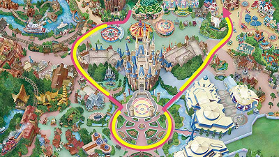 2025年のザ・ヴィランズ・ハロウィーン”Into the Frenzy”のパレードルート（黄色の線はフロート停止位置）