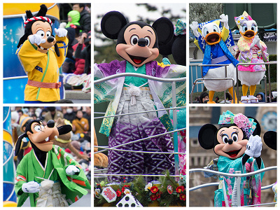 お正月の和装姿のディズニーキャラクター