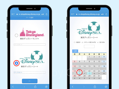 来園予定のパークを選択後、希望の来園日時をタップ