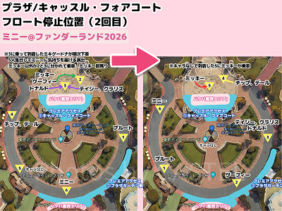 プラザ/キャッスル・フォアコートの停止位置マップ（ミニー@ファンダーランド2026）