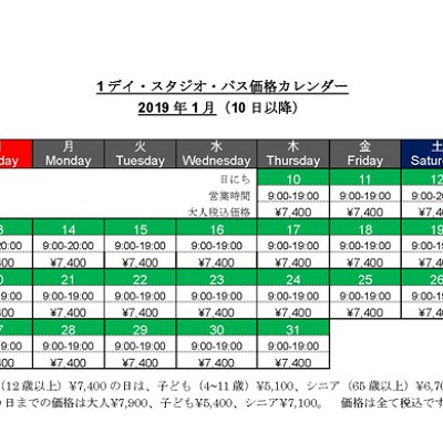 1デイ・スタジオ・パス価格カレンダー（1月）