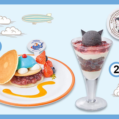 22世紀のネコ型ロボット・ドラえもん ～どら焼き風パンケーキ～（左）パーフェクトネコ型ロボット・ソーニャのパフェ ～マスカルポーネ＆ダークチェリー～（右）／USJ×ドラえもんフード2023