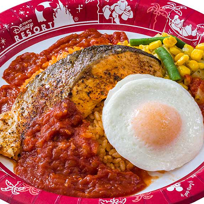 スパイシーサーモンのオーブン焼き、エッグとメキシカンライス添え