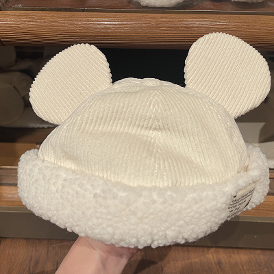 コーデュロイ&ボア耳付きキャップ（白）