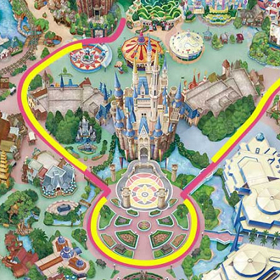 ディズニー・クリスマス・ストーリーズのパレードルート(黄色が停止位置）