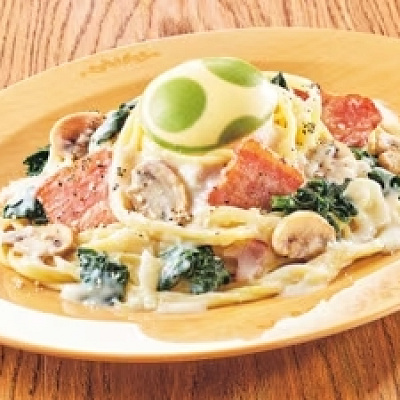 キノピオカフェ：ヨッシー・スパゲティ〜ほうれん草カルボナーラ〜