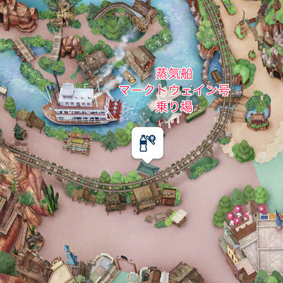 ウエスタンランド（蒸気船マークトウェイン号乗り場前）の自動販売機の場所