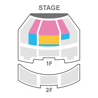マジカルミュージックワールドの有料鑑賞エリア（ピンク：バケパ、水色：DPA、オレンジ：ファンダフルディズニー）