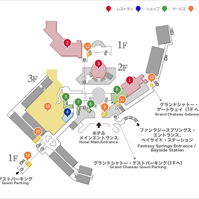 ファンタジースプリングスレストランの場所（赤の2の場所）