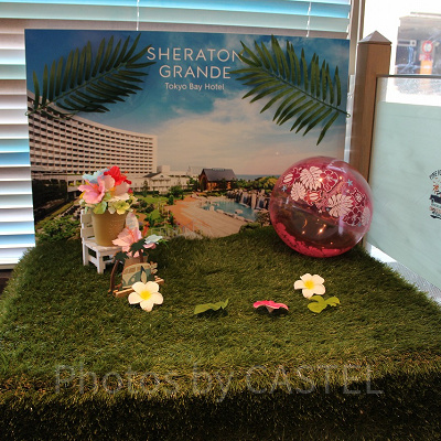 ハワイアンフェアに合わせたワンちゃん用フォトスポット。衣装の貸出もあり