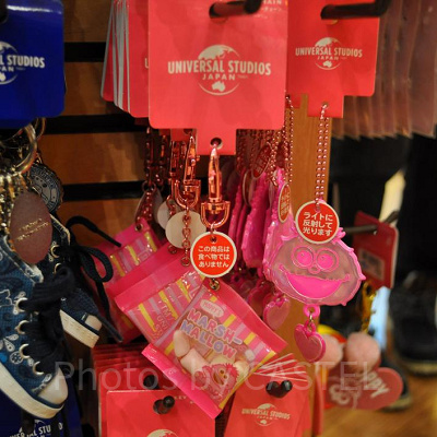 お菓子型キーチェーン（中央）と反射板キーチェーン（右）