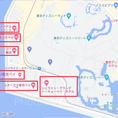ディズニーオフィシャルホテルの場所（Google Mapより）