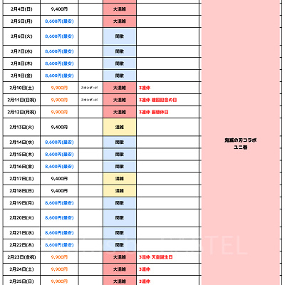 2024年2月USJ混雑予想カレンダー