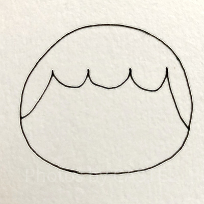 シンデレラ書き方②前髪のふわふわ３つ描き、顔の横へ繋ぐ