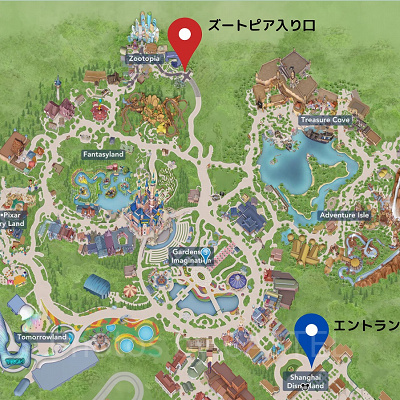上海ディズニー入り口とズートピアエリアの位置
