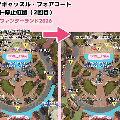 プラザ/キャッスル・フォアコートの停止位置マップ（ミニー@ファンダーランド2026）