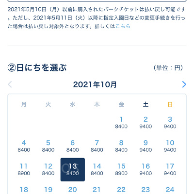 カレンダーページでチケット種類と日程を選択