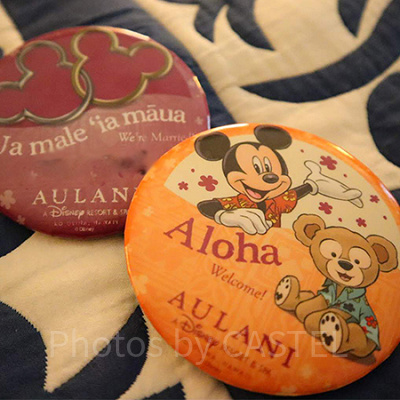 アウラニ滞在の際にもらえる缶バッチとハネムーン用の缶バッチ