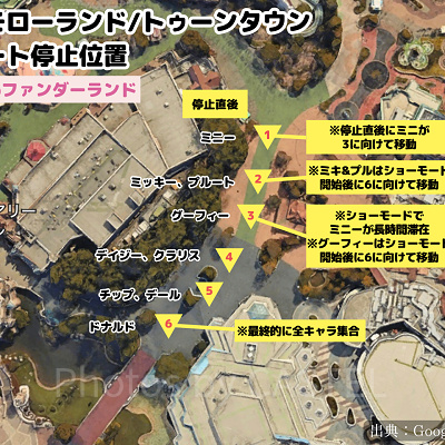 トゥモローランド/トゥーンタウンの停止位置マップ（ミニー@ファンダーランド）