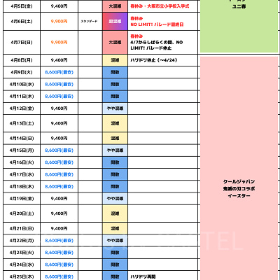 2024年4月USJ混雑予想カレンダー