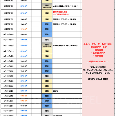 2026年6月USJ混雑予想カレンダー