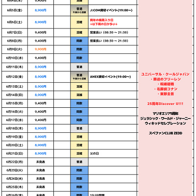 2026年6月USJ混雑予想カレンダー