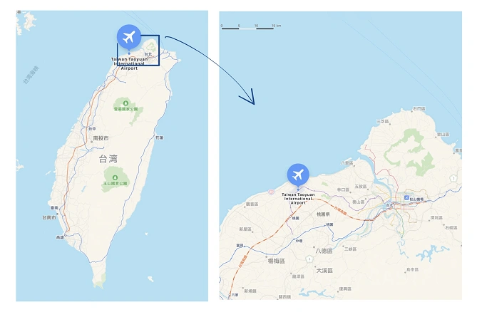 台北桃園国際空港と台北市街地の位置関係