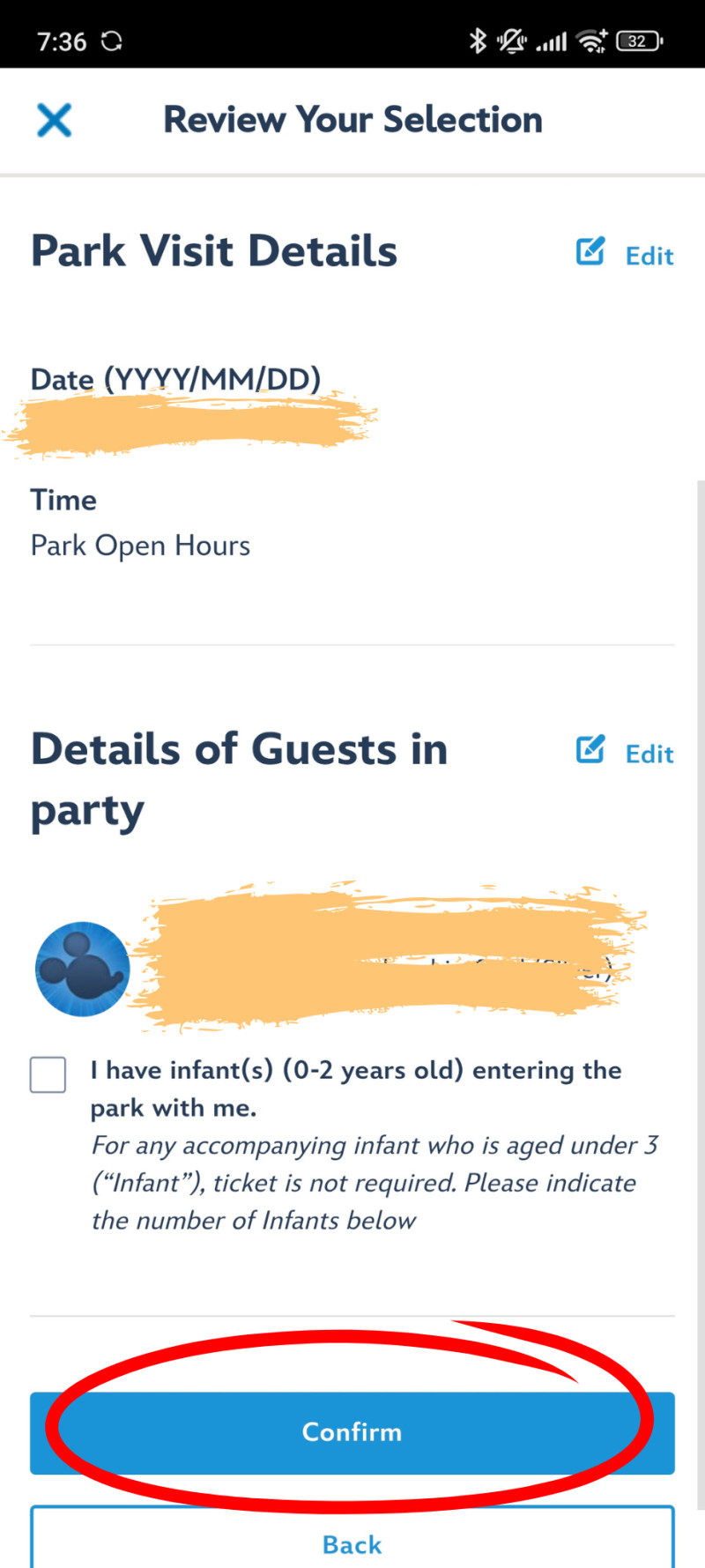 香港ディズニー入園予約：確認画面です。チケットと日付を確認してConfirm！