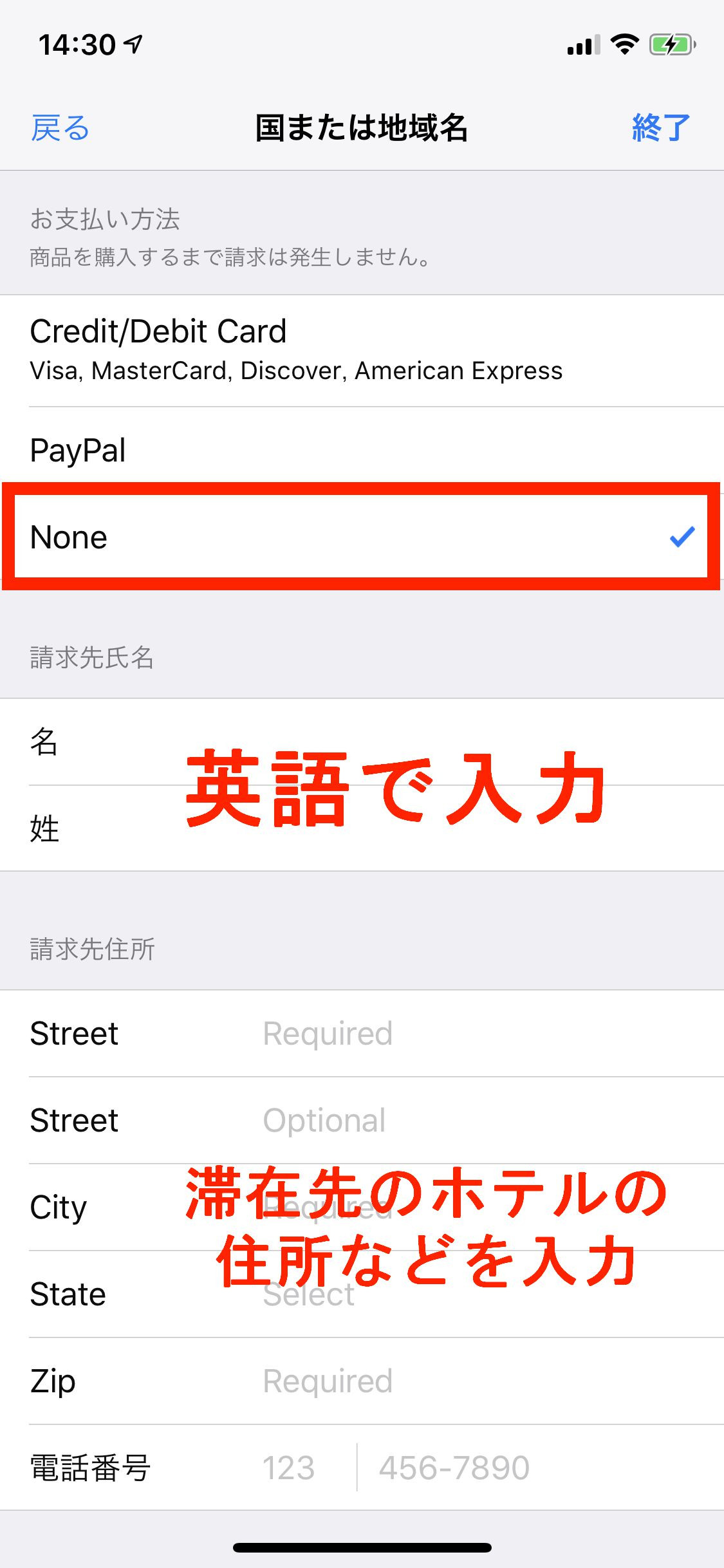支払い方法で None を選択し 氏名や滞在先の住所などを入力する キャステル Castel ディズニー情報